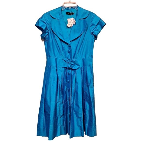 Rickie Freeman Teri Jon Blue 100% Silk Fit & Flare Cocktail Dress 14 NWT New! - Picture 1 of 9